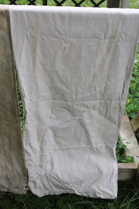 photo of lot of 12 shabby old heavy cotton grain bags, primitive fabric seed & feed sacks w/ vintage graphics  #24