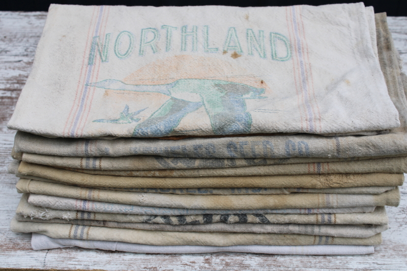 photo of lot of 12 shabby old heavy cotton grain bags, primitive fabric seed & feed sacks w/ vintage graphics  #26