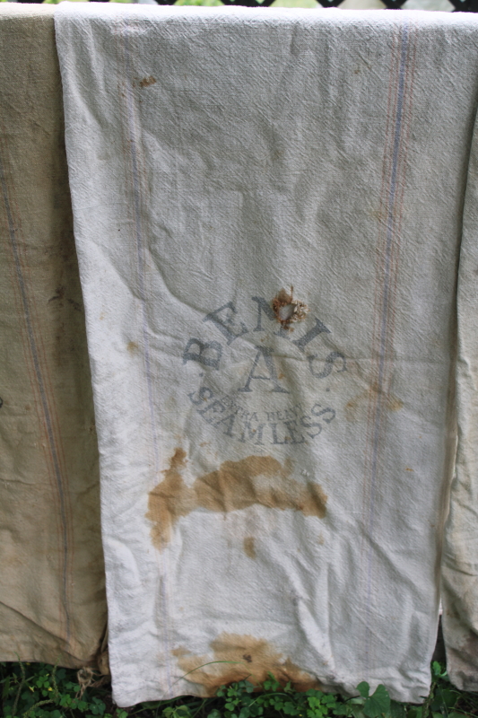photo of lot of 12 shabby old heavy cotton grain bags, primitive fabric seed & feed sacks w/ vintage graphics  #28