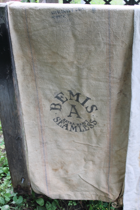 photo of lot of 12 shabby old heavy cotton grain bags, primitive fabric seed & feed sacks w/ vintage graphics  #29