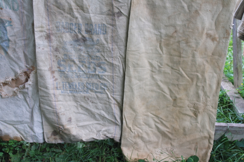 photo of lot of 12 shabby old heavy cotton grain bags, primitive fabric seed & feed sacks w/ vintage graphics  #32