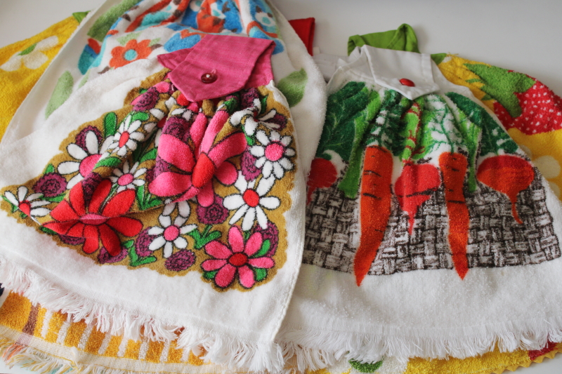 photo of lot of 15 vintage kitchen towels, colorful retro print cotton terrycloth button on hand towels  #1