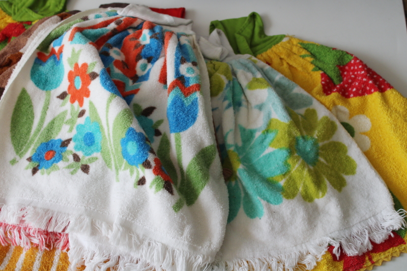 photo of lot of 15 vintage kitchen towels, colorful retro print cotton terrycloth button on hand towels  #2