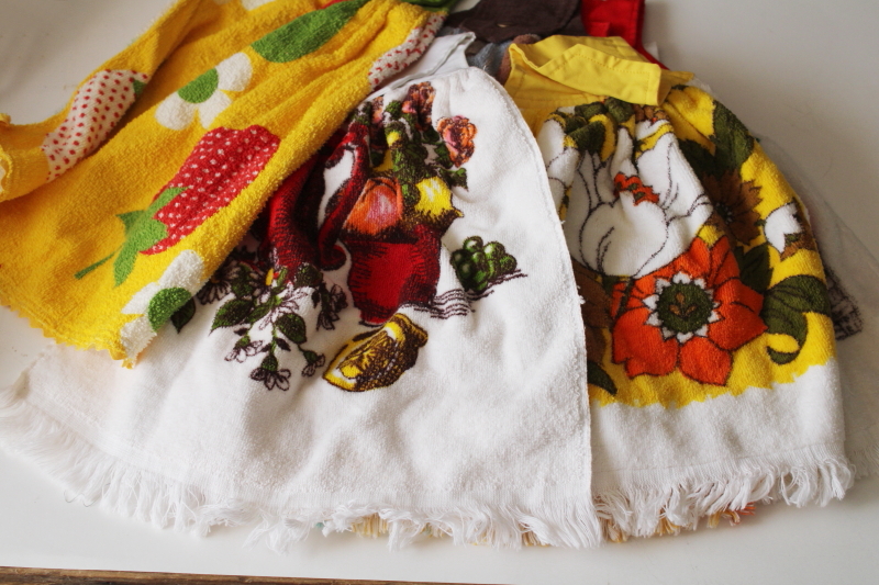 photo of lot of 15 vintage kitchen towels, colorful retro print cotton terrycloth button on hand towels  #3