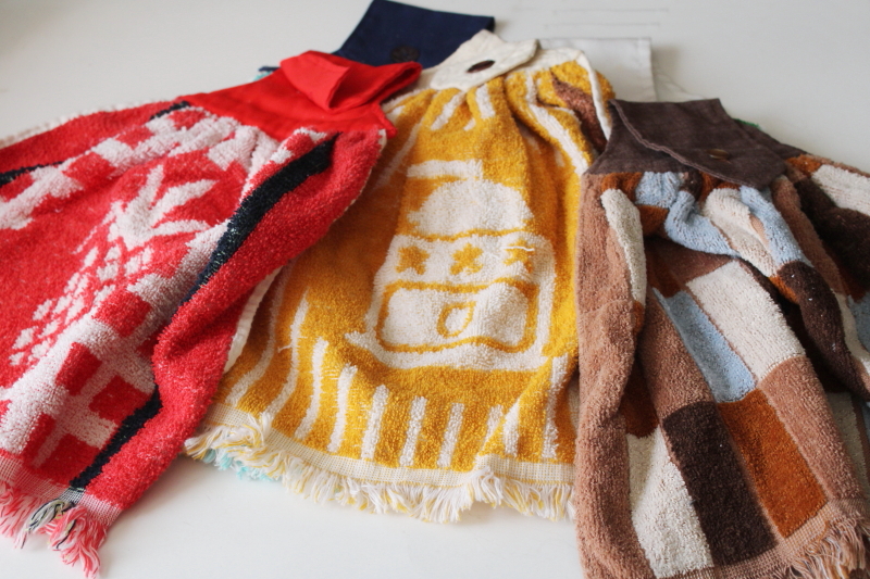 photo of lot of 15 vintage kitchen towels, colorful retro print cotton terrycloth button on hand towels  #4