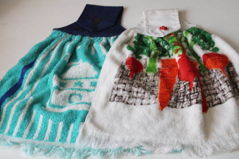 photo of lot of 15 vintage kitchen towels, colorful retro print cotton terrycloth button on hand towels  #5