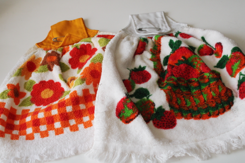 photo of lot of 15 vintage kitchen towels, colorful retro print cotton terrycloth button on hand towels  #6