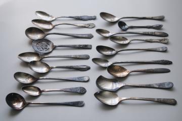 catalog photo of lot of 18 vintage antique silver plated spoons, mismatched tiny spoons for jam pots or baby