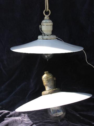 photo of lot of 2 antique industrial or office pendant lights w/glass reflector shades & early Mazda bulbs #1