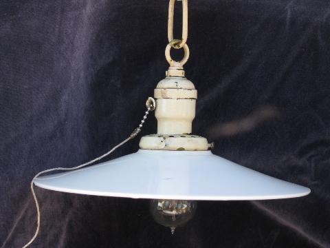 photo of lot of 2 antique industrial or office pendant lights w/glass reflector shades & early Mazda bulbs #3