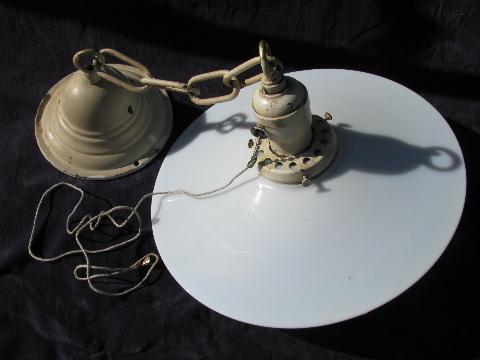 photo of lot of 2 antique industrial or office pendant lights w/glass reflector shades & early Mazda bulbs #4