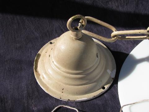 photo of lot of 2 antique industrial or office pendant lights w/glass reflector shades & early Mazda bulbs #6