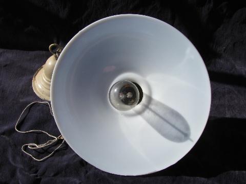 photo of lot of 2 antique industrial or office pendant lights w/glass reflector shades & early Mazda bulbs #7