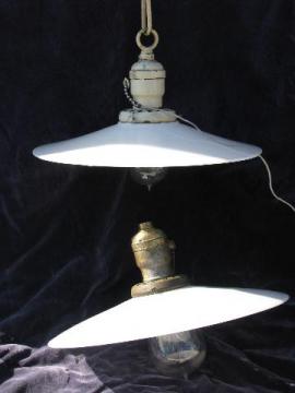 catalog photo of lot of 2 antique industrial or office pendant lights w/glass reflector shades & early Mazda bulbs