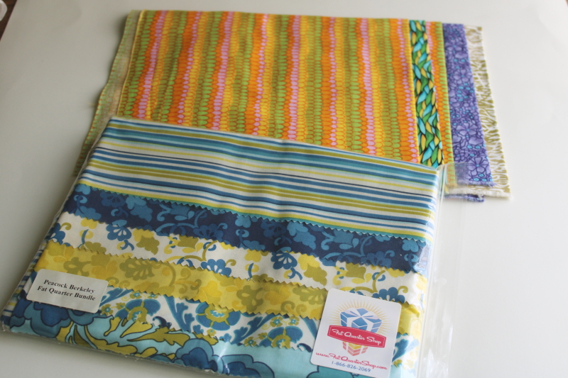 photo of lot of 2 fat quarter bundles cotton quilting fabric tropical brights, blues & lime green  #1