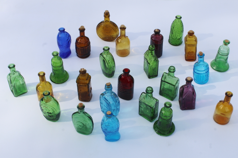 photo of lot of 25 miniature colored glass bottles, antique reproductions Wheaton bottles & Taiwan  #1