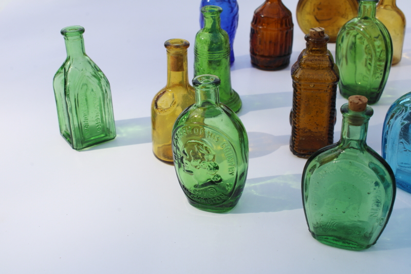 photo of lot of 25 miniature colored glass bottles, antique reproductions Wheaton bottles & Taiwan  #7