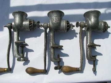 catalog photo of lot of 3 Universal vintage cast iron food choppers meat grinders