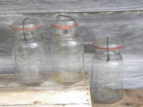 photo of lot of 3 antique Ball Ideal fruit jars w/lightning lids and 1908 patent #1