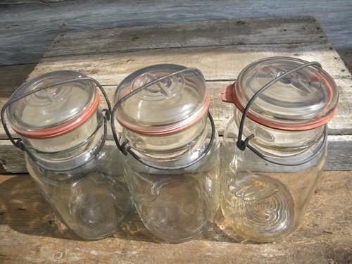 photo of lot of 3 antique Ball Ideal fruit jars w/lightning lids and 1908 patent #4