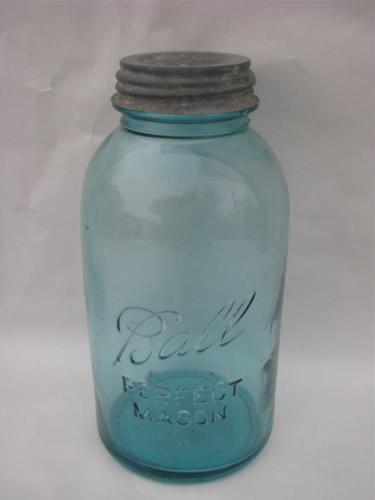 photo of lot of 3 antique vintage 2 quart blue glass fruit jars / canisters w/zinc lids #2