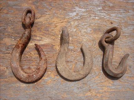 photo of lot of 3 primitive antique iron log & stump logging chain hooks #1