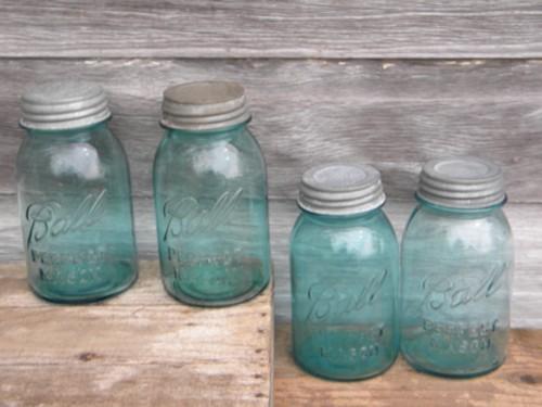 photo of lot of 4 antique 1 quart blue glass fruit jars, Ball Perfect Mason #1