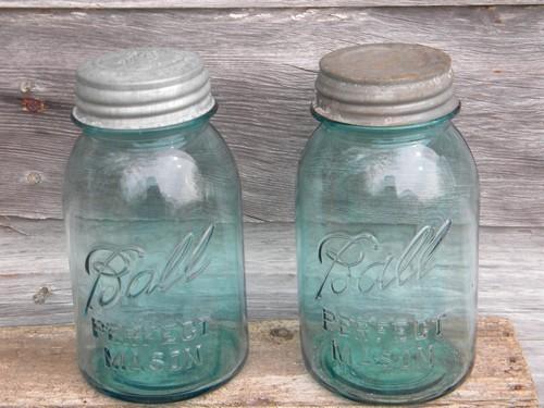 photo of lot of 4 antique 1 quart blue glass fruit jars, Ball Perfect Mason #2