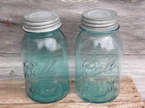 photo of lot of 4 antique 1 quart blue glass fruit jars, Ball Perfect Mason #3