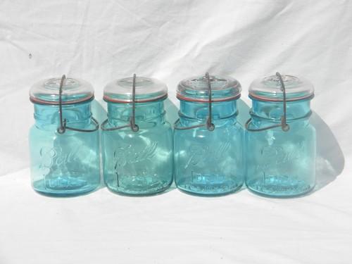 photo of lot of 4 antique blue Ball Ideal fruit jars, lightning lids & 1908 patent #1