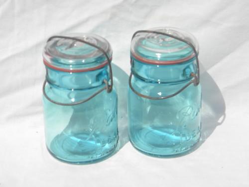 photo of lot of 4 antique blue Ball Ideal fruit jars, lightning lids & 1908 patent #2