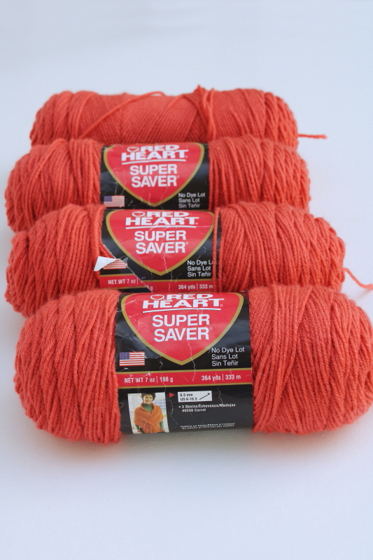 photo of lot of 4 big 7 oz skeins Red Heart Super Saver acrylic yarn, coral color solid no dye lot #1