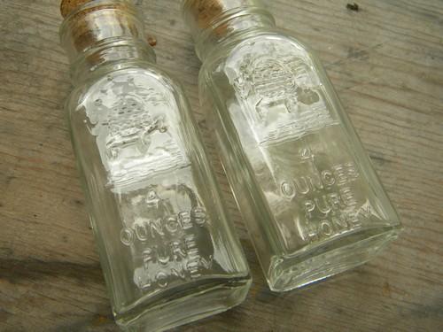 photo of lot of 4 glass Honey Acres bottles w/cork stoppers for breakfast table #2