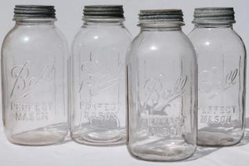 catalog photo of lot of 4 vintage two quart Ball Perfect Mason jars w/ antique zinc metal lids