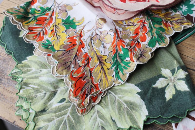 photo of lot of 40 vintage print cotton hankies, all autumn theme leaves flowers fall season colors #9