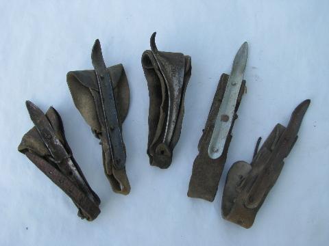 photo of lot of 5 old leather & iron farm corn husking pegs tools, The Boss #1