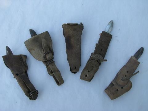 photo of lot of 5 old leather & iron farm corn husking pegs tools, The Boss #2