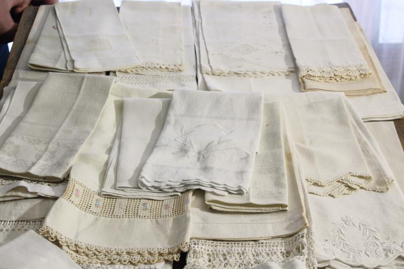 photo of lot of 50 antique linen huck towels, collection vintage farmhouse linens w/ fancy work #12