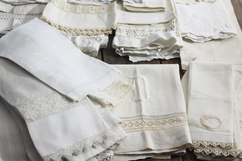 photo of lot of 50 antique linen huck towels, collection vintage farmhouse linens w/ fancy work #17