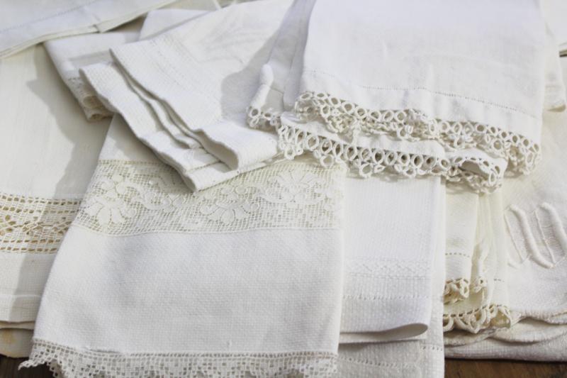 photo of lot of 50 antique linen huck towels, collection vintage farmhouse linens w/ fancy work #18