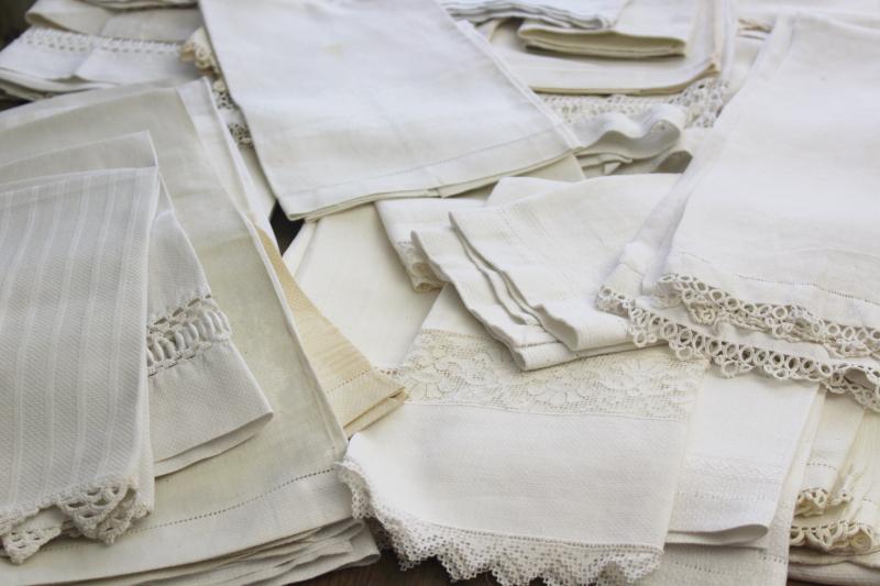 photo of lot of 50 antique linen huck towels, collection vintage farmhouse linens w/ fancy work #19