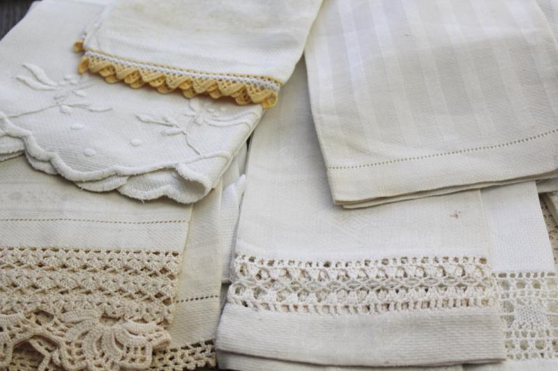 photo of lot of 50 antique linen huck towels, collection vintage farmhouse linens w/ fancy work #20