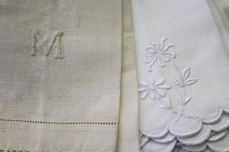 photo of lot of 50 antique linen huck towels, collection vintage farmhouse linens w/ fancy work #21