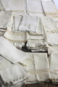 catalog photo of lot of 50 antique linen huck towels, collection vintage farmhouse linens w/ fancy work