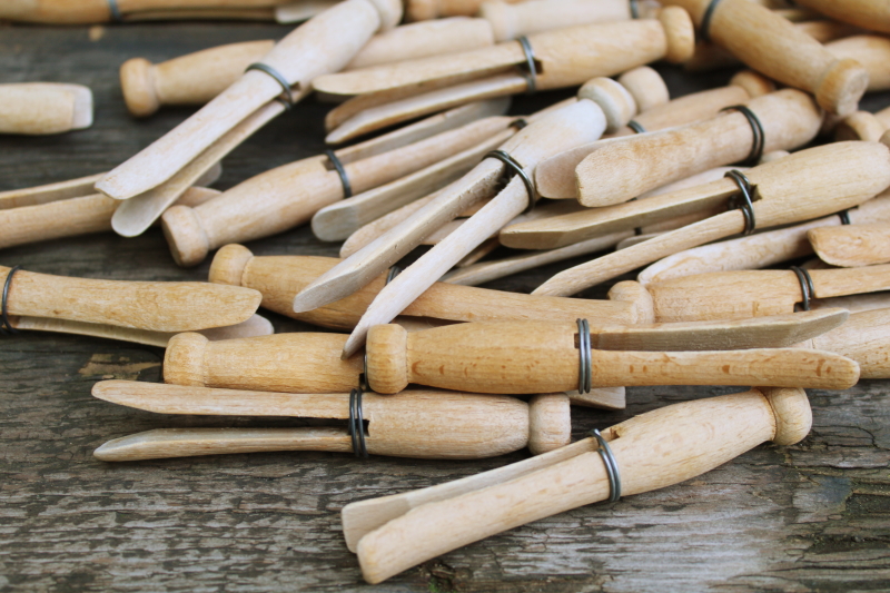 photo of lot of 50 old hardwood clothespins, vintage wire wrapped peg type clothespins  #2
