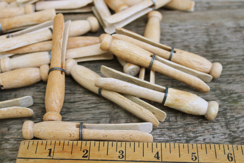 photo of lot of 50 old hardwood clothespins, vintage wire wrapped peg type clothespins  #3