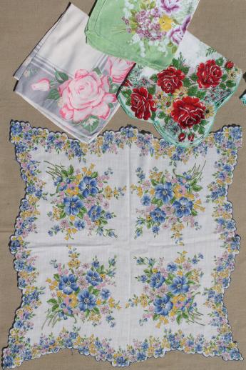 photo of lot of 50 vintage flower print hankies, printed cotton handkerchiefs, all florals  #11