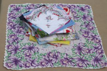 catalog photo of lot of 50 vintage flower print hankies, printed cotton handkerchiefs, all florals 