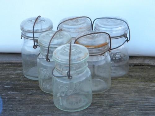 photo of lot of 6 antique 1 pint Ball & Atlas glass mason jars, 1908 vintage #1