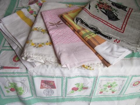 photo of lot of 6 vintage 1950s-60s printed cotton & linen kitchen tablecloths, retro prints! #1